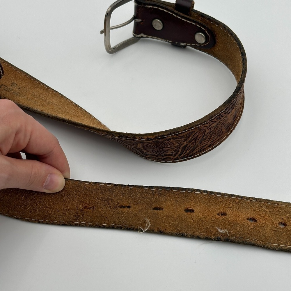 Vintage Leather Belt Brown XL Embossed Eagle Cowboy Trucker Unisex Boho - Picture 4 of 8